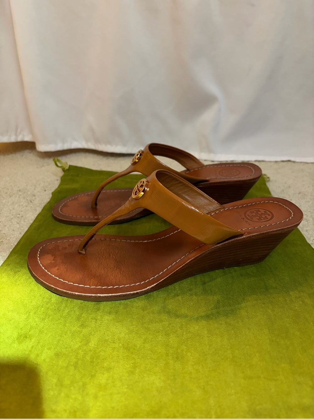 Tory Burch Tan Leather Mini Wedge Sandals - Picture 2 of 10